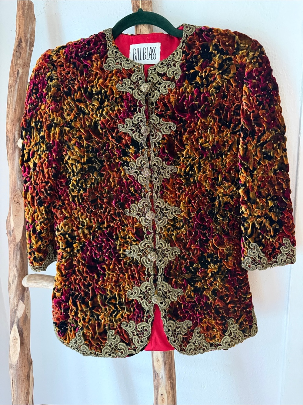 bill blass Vintage 80s Fall Multicolor Velvet Textured Jacket Gold Trim 6 Med